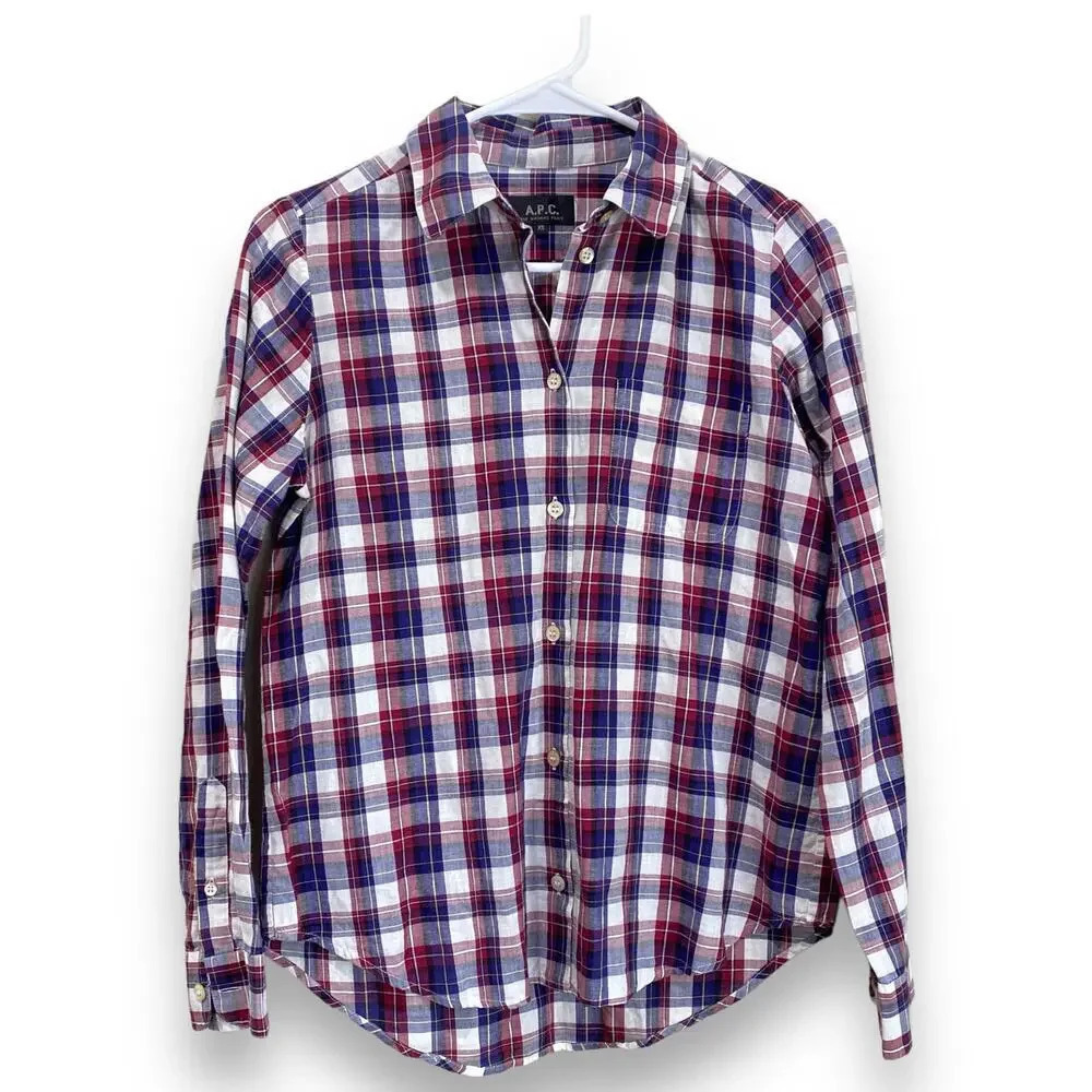 APC Rue Madame Paris Linen Cotton Button Down Shirt Women's XS Plaid Flannel
